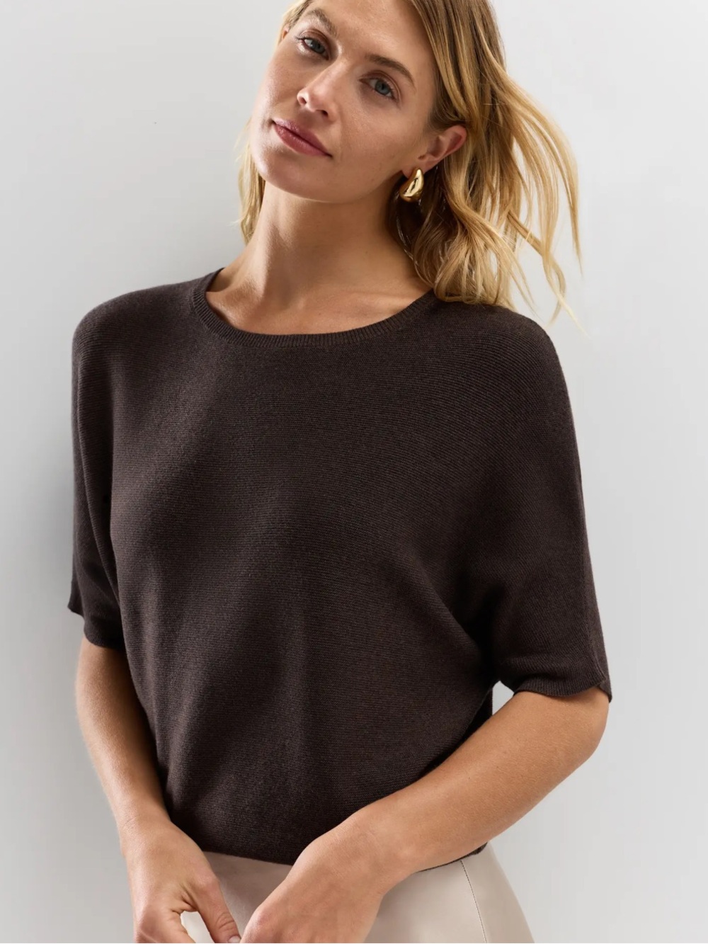 QUINCE Lightweight Cotton Cashmere Link-Stitch Dolman Sweater Size L